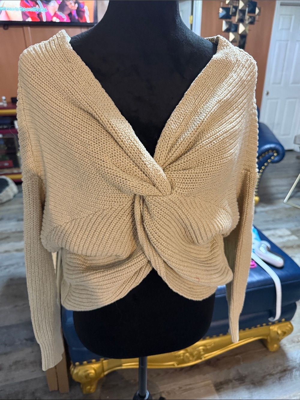 Papaya Cream Twist-Front Knit Sweater